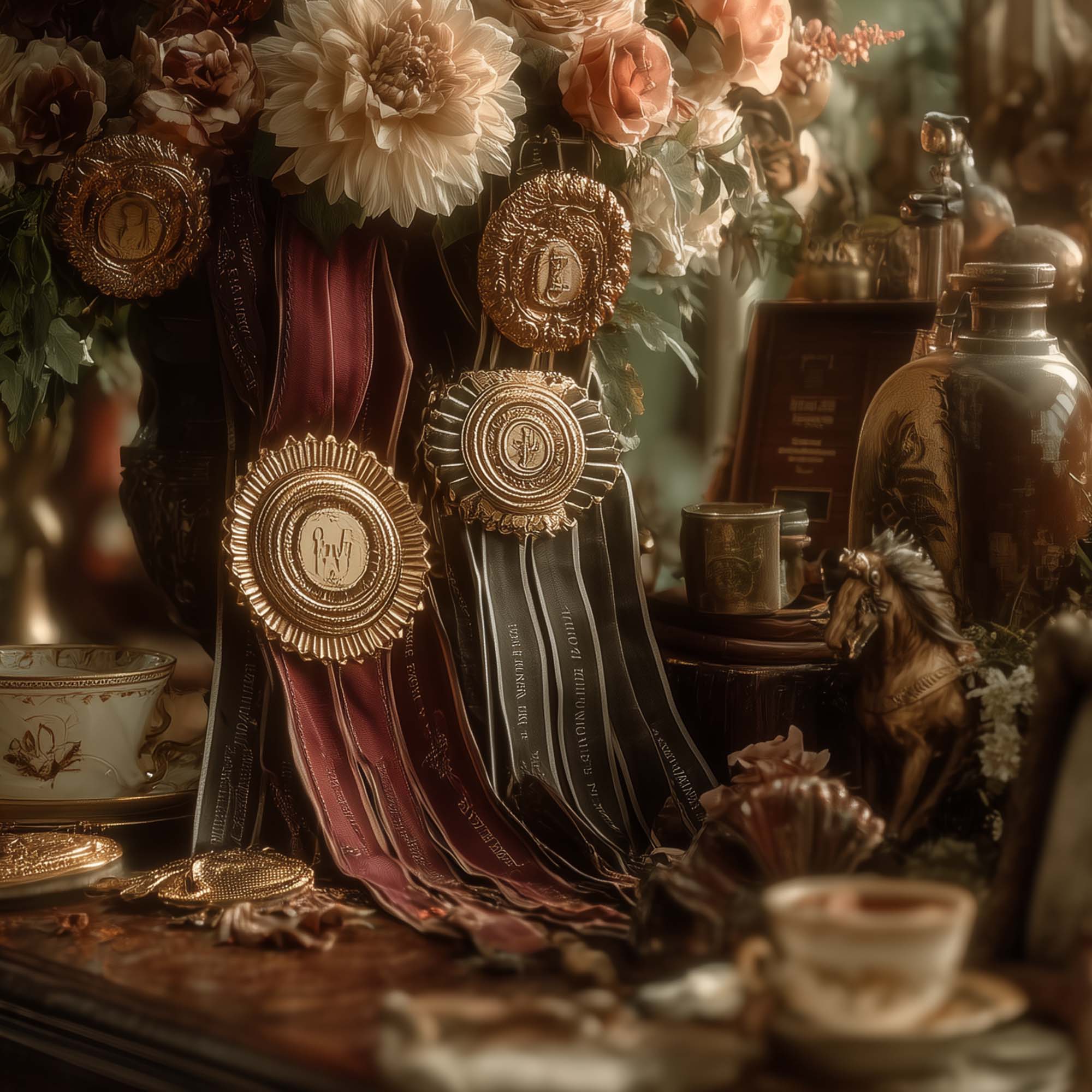 High Tea with Harriet awards with gold medals and ribbons displayed beside fine china, flowers, and vintage décor.