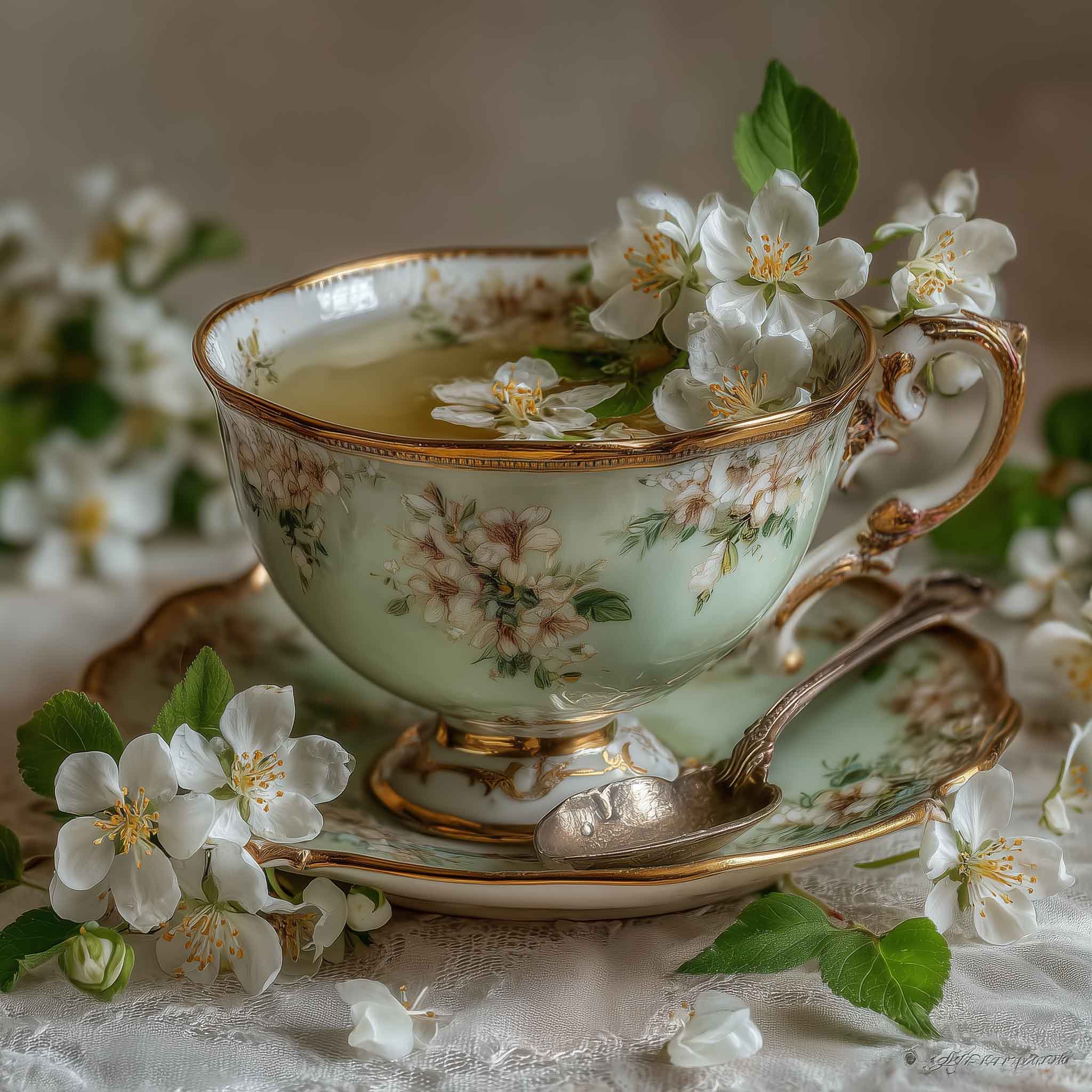 Elegant vintage teacup filled with green tea, adorned with white jasmine blossoms and a silver spoon on a matching saucer, styled in a romantic Edwardian setting.