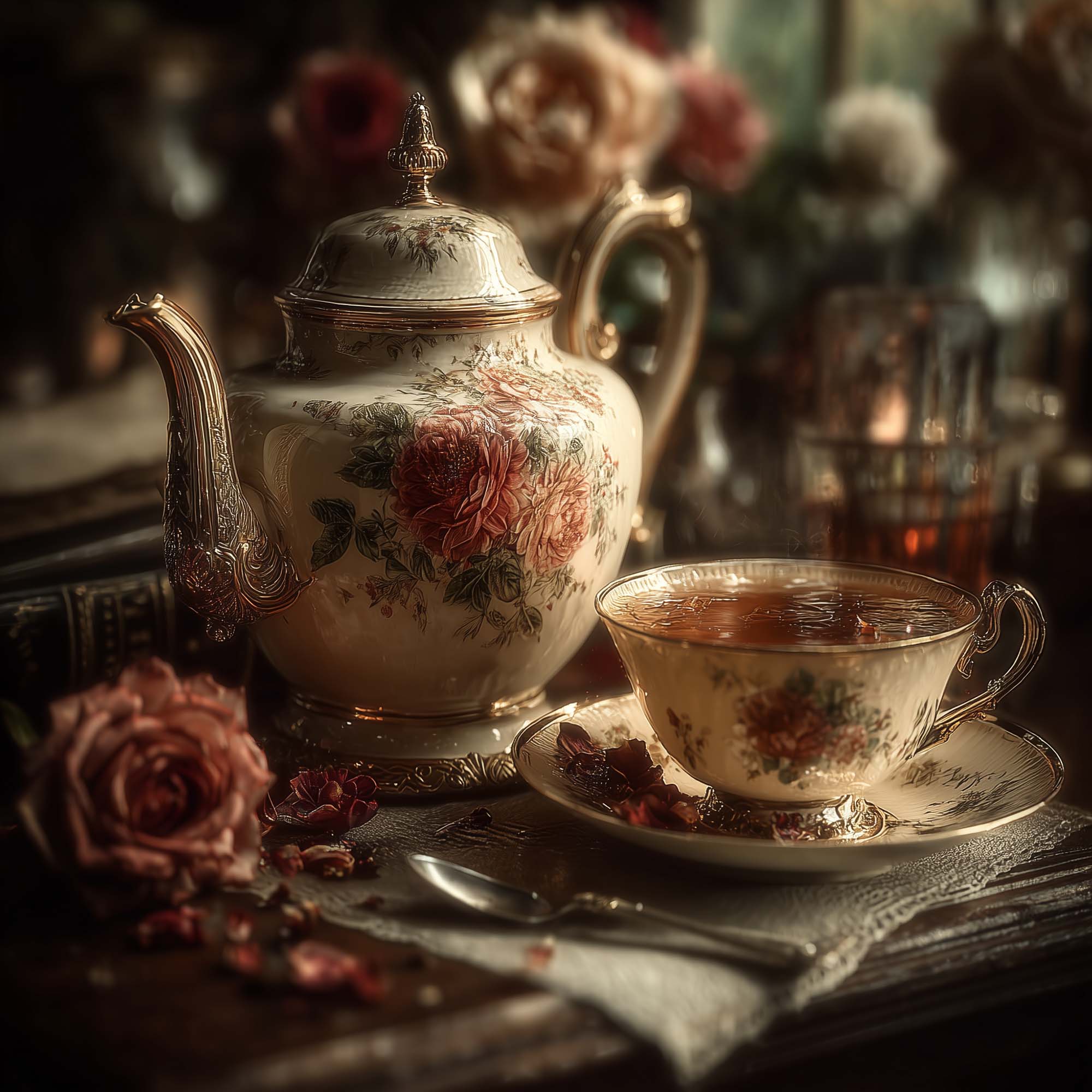Elegant floral teapot with matching teacup filled with tea, surrounded by roses and vintage table décor.