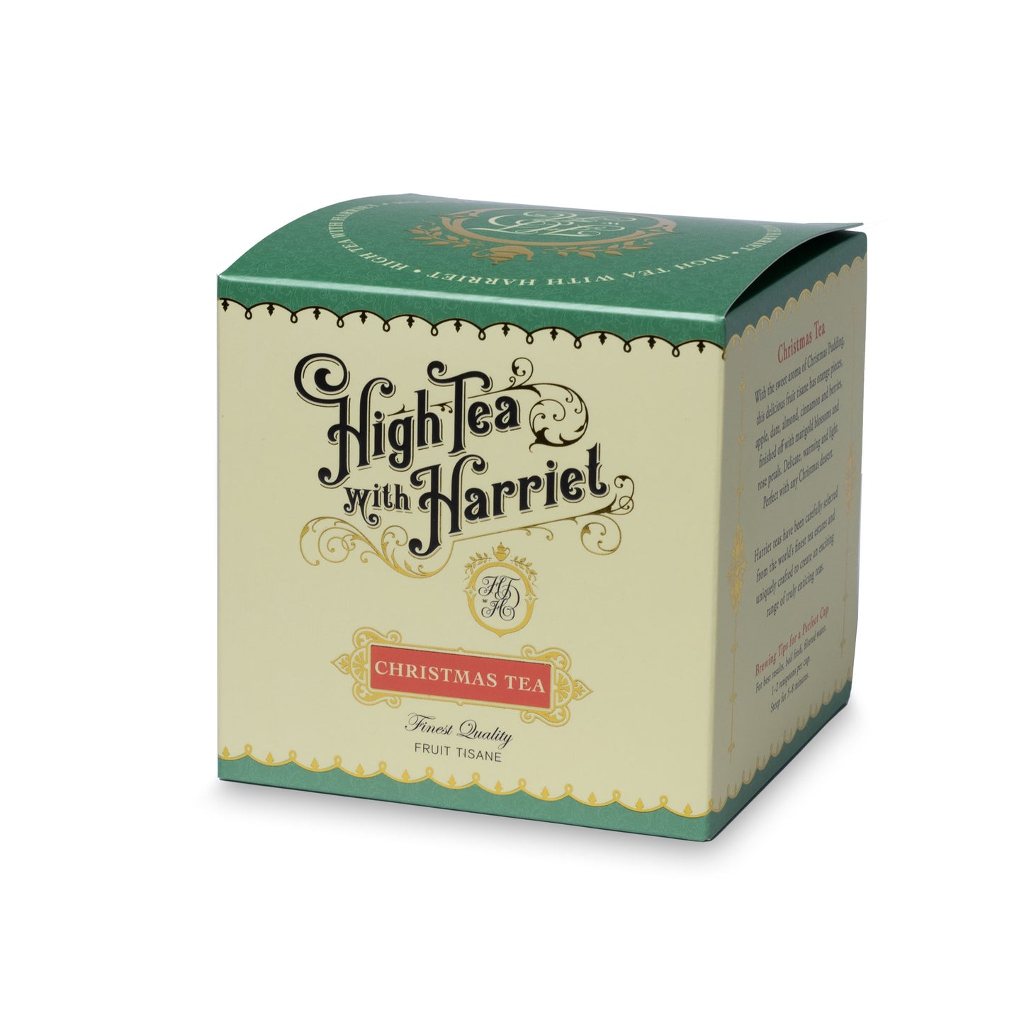 Side view of High Tea with Harriet Christmas Tea box in green with red label showing product description and holiday-inspired branding
