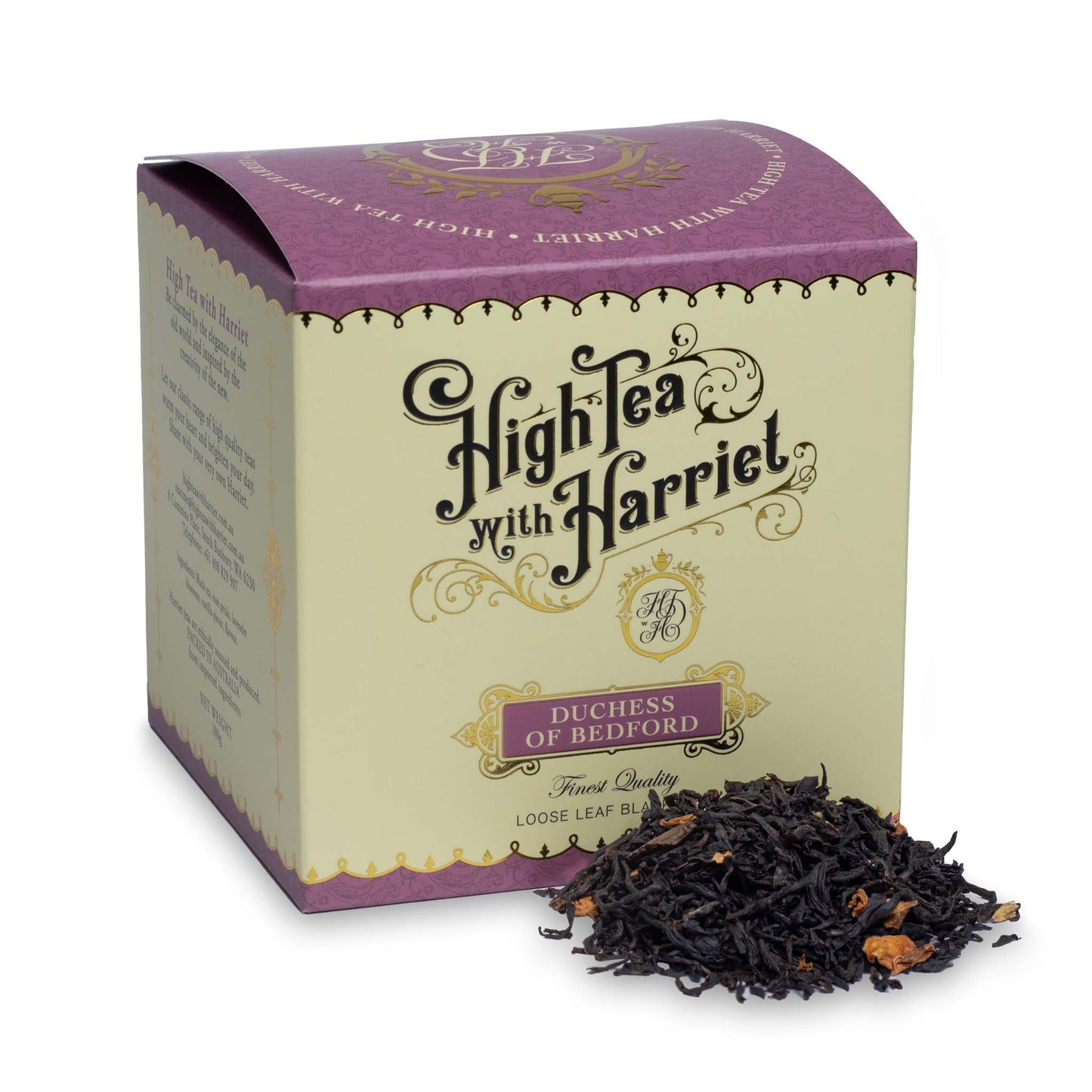 High Tea with Harriet Duchess of Bedford tea in mauve and cream box with loose tea in front featuring rose petals, lavender, and vanilla pieces
