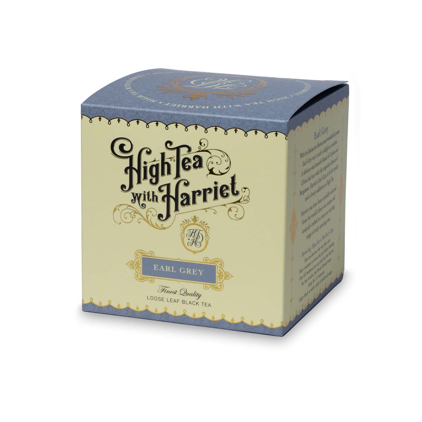 Side view of High Tea with Harriet Earl Grey tea box showing product description and branding