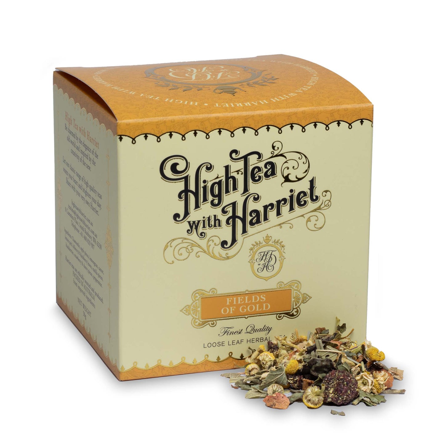 High Tea with Harriet Fields of Gold herbal tea in cream and golden box with loose tea in front