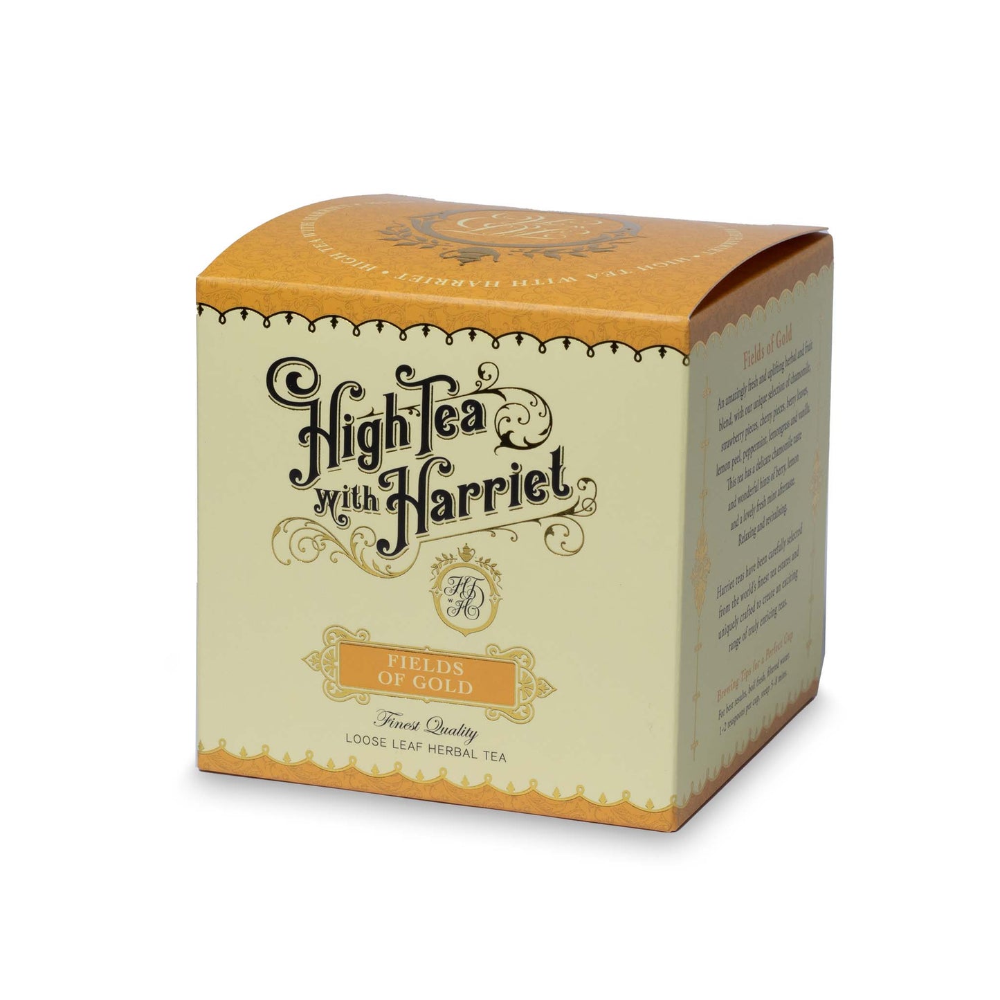 Side view of High Tea with Harriet Fields of Gold tea box showing product description and branding