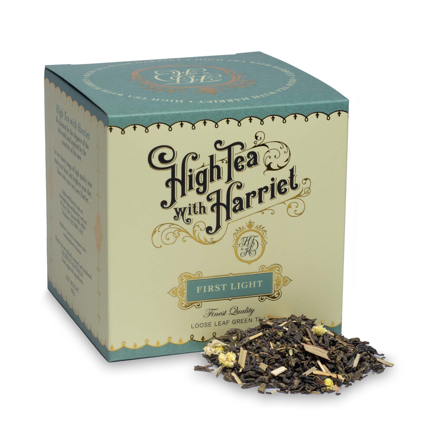 High Tea with Harriet First Light green tea in elegant cream and teal box with loose tea in front