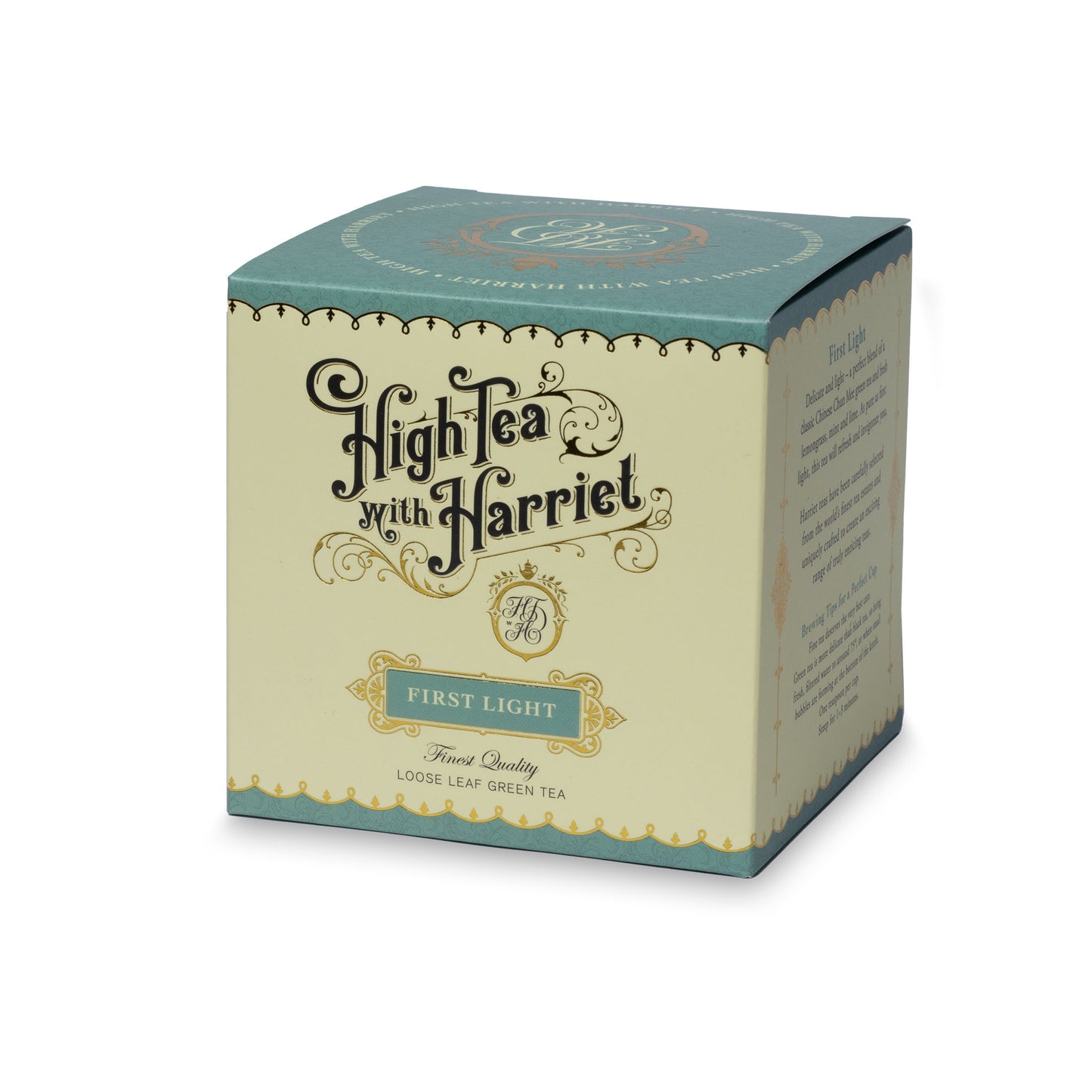 Side view of High Tea with Harriet First Light tea box showing front and description panel