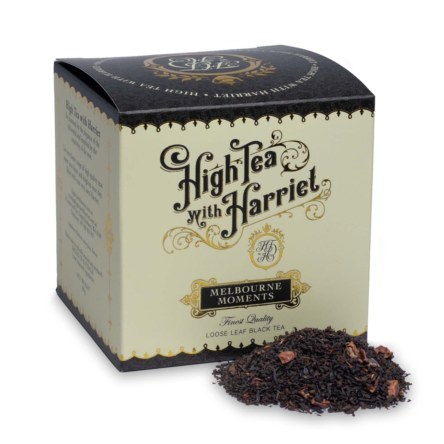 High Tea with Harriet Melbourne Moments tea in sleek black box with loose leaf chocolate and caramel black tea in front