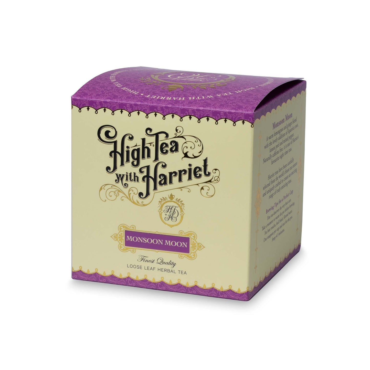 Side view of High Tea with Harriet Monsoon Moon tea box showing product description and branding