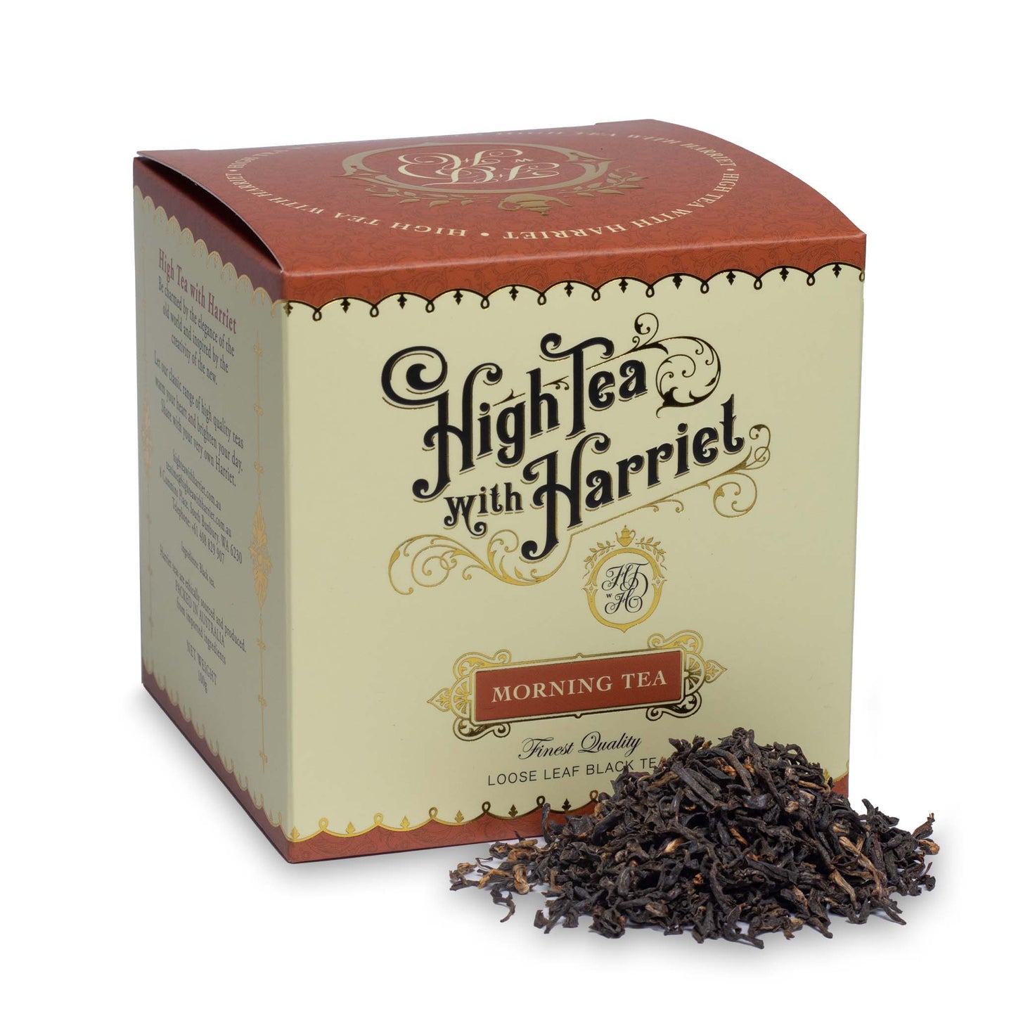 High Tea with Harriet Morning Tea loose leaf black tea in cream and copper box with tea leaves in front
