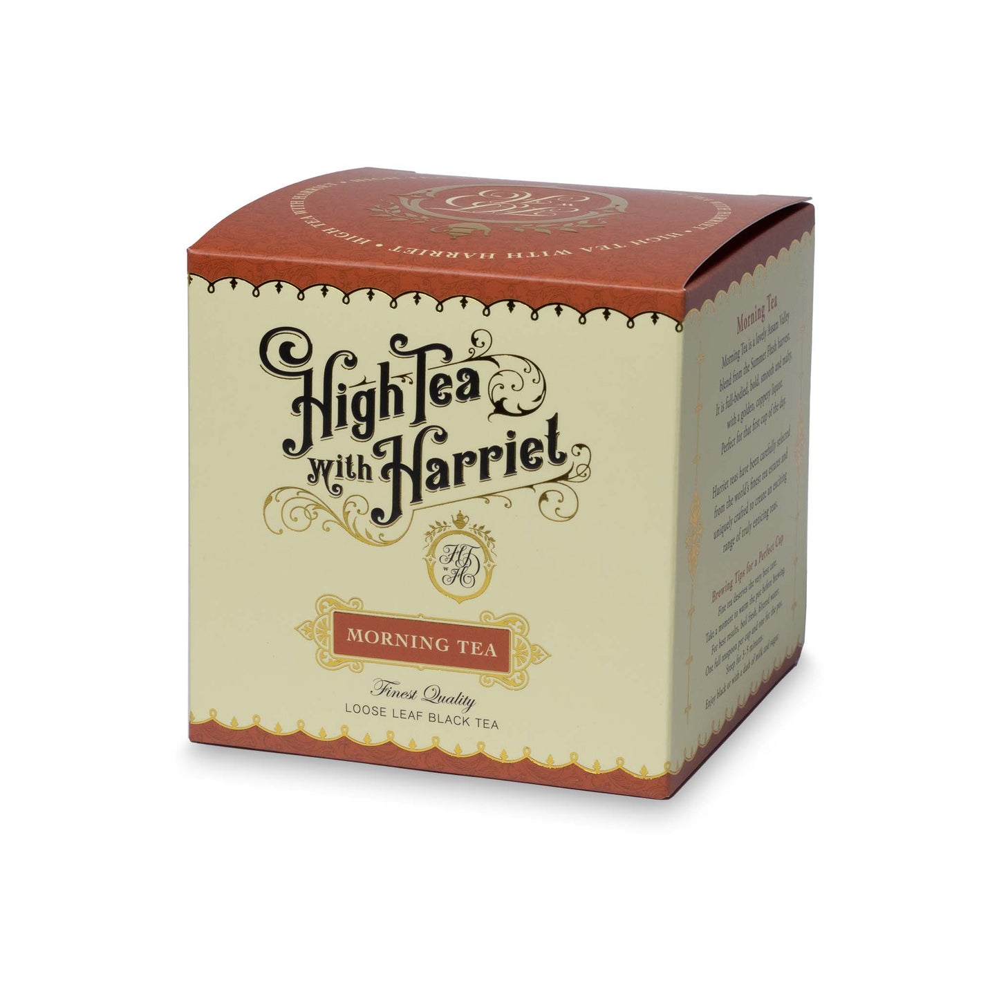 Side view of High Tea with Harriet Morning Tea box showing front and side panel with description