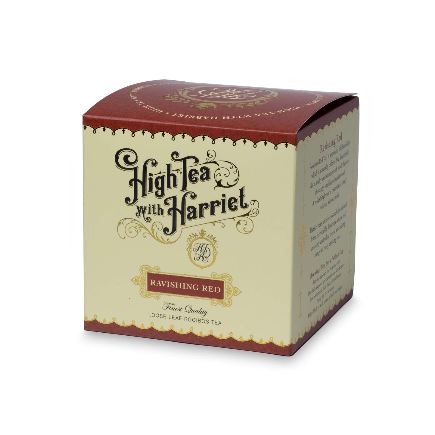 Side view of High Tea with Harriet Ravishing Red box in deep ruby red showing flavour description and branding