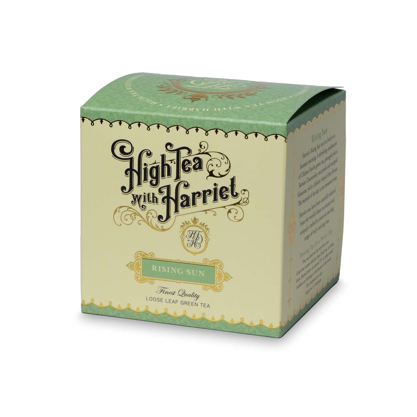 Side view of High Tea with Harriet Rising Sun tea box in pale green showing flavour description and floral elements