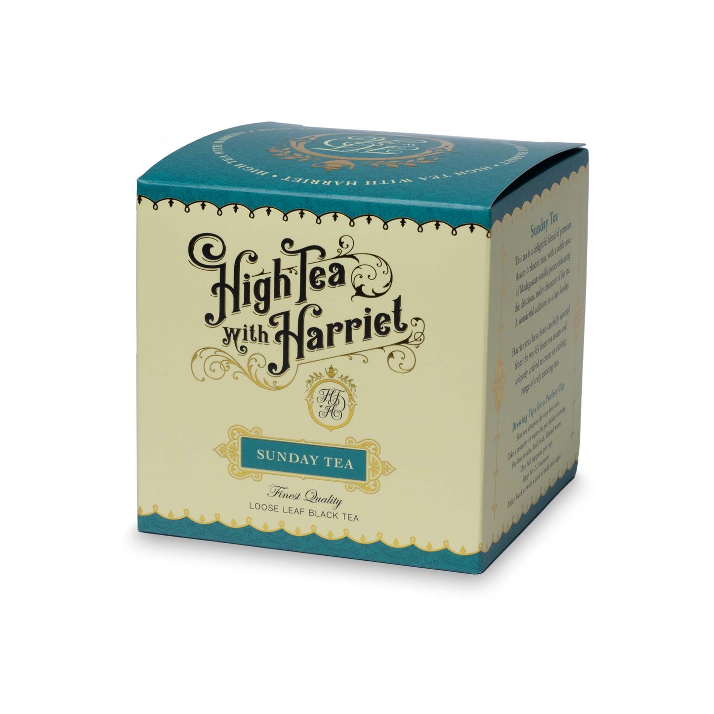 Side view of High Tea with Harriet Sunday Tea box showing product description and branding