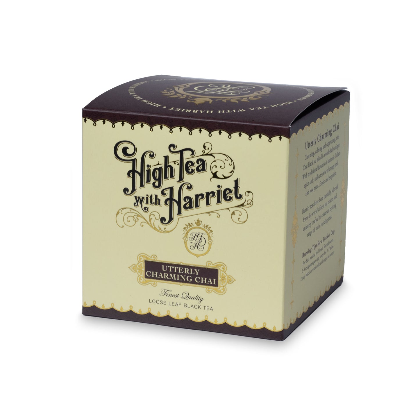 Side view of High Tea with Harriet Utterly Charming Chai tea box showing description and details