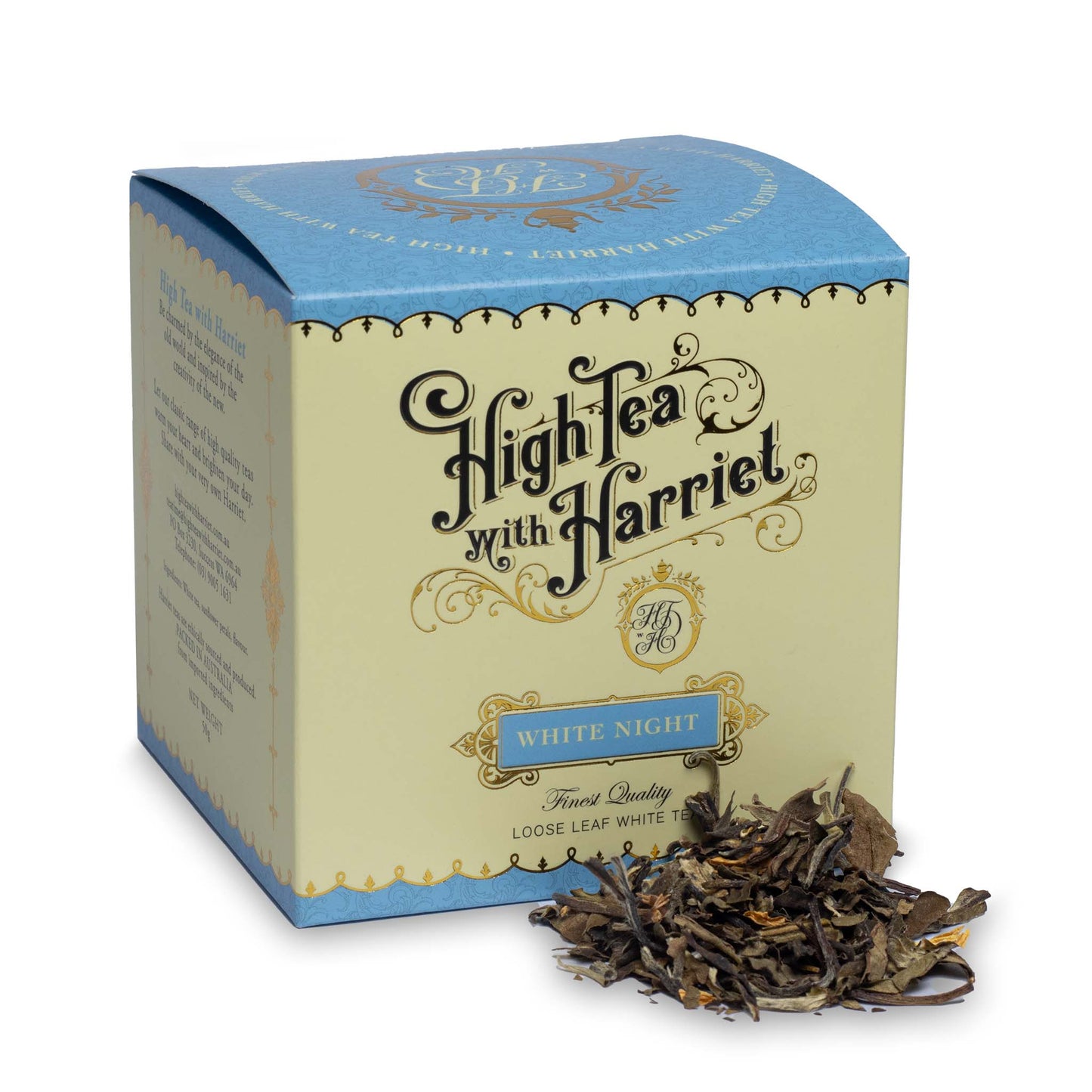 High Tea with Harriet White Night loose leaf white tea in elegant cream and blue box with tea leaves in front