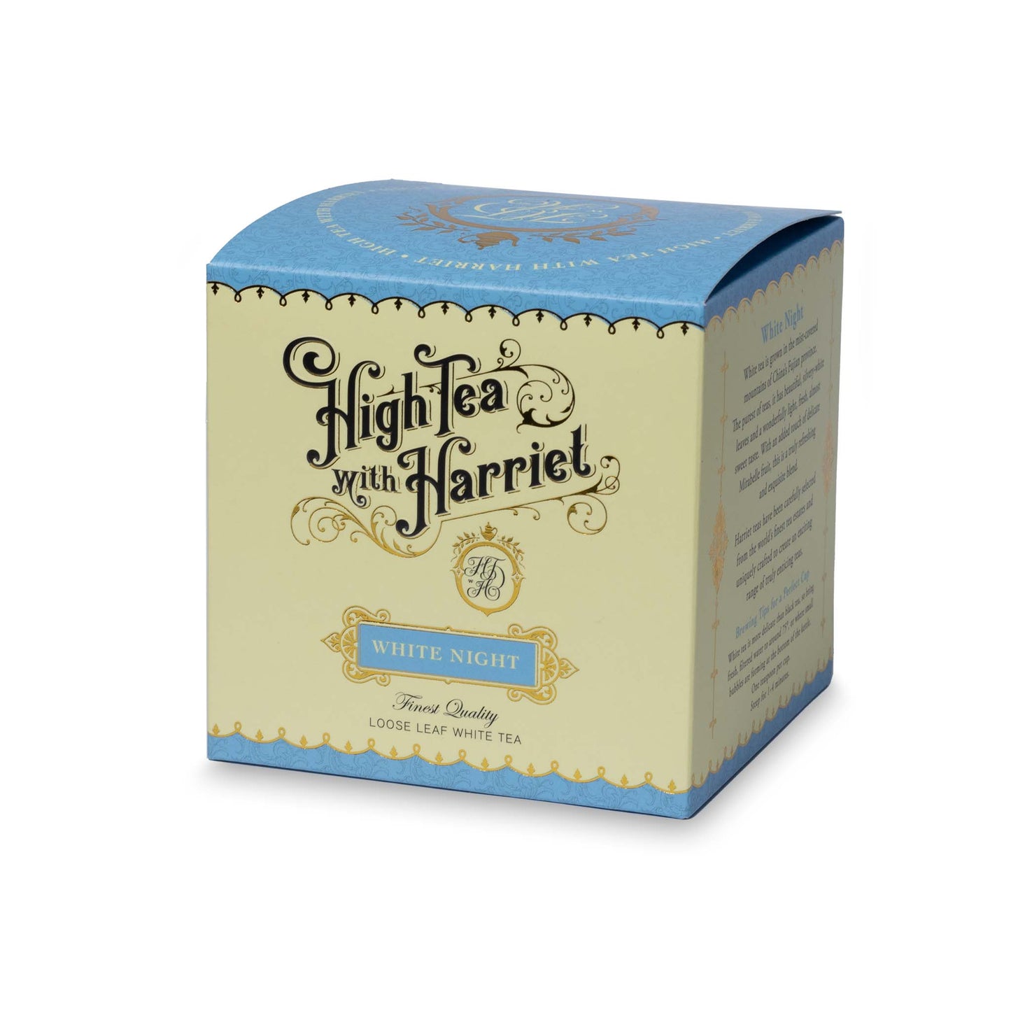 Side view of High Tea with Harriet White Night tea box showing label and flavour description panel
