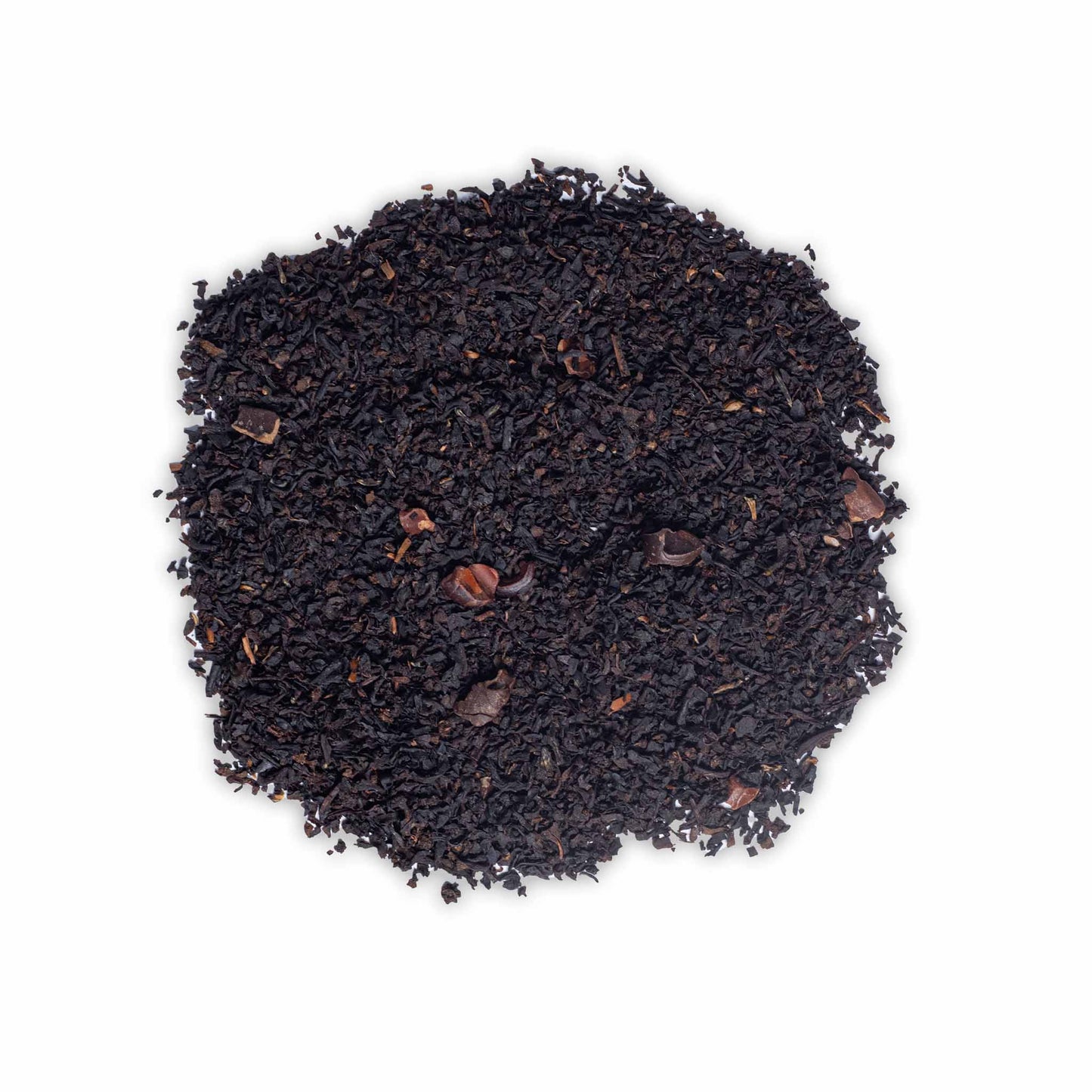 Loose leaf Melbourne Moments black tea by High Tea with Harriet with cacao pieces and caramel notes on white background