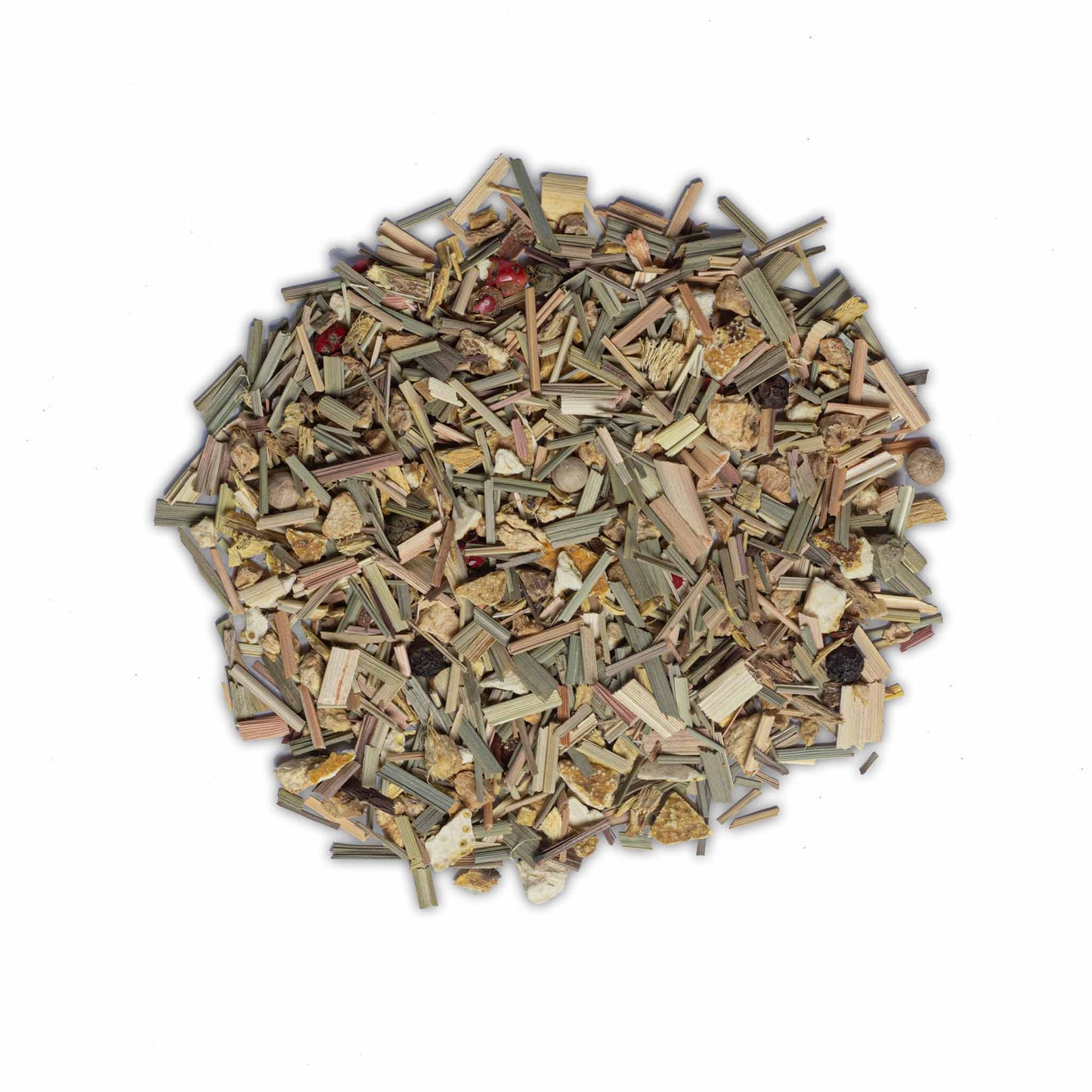 Loose leaf Monsoon Moon herbal tea by High Tea with Harriet featuring lemongrass, ginger, and citrus peel on white background