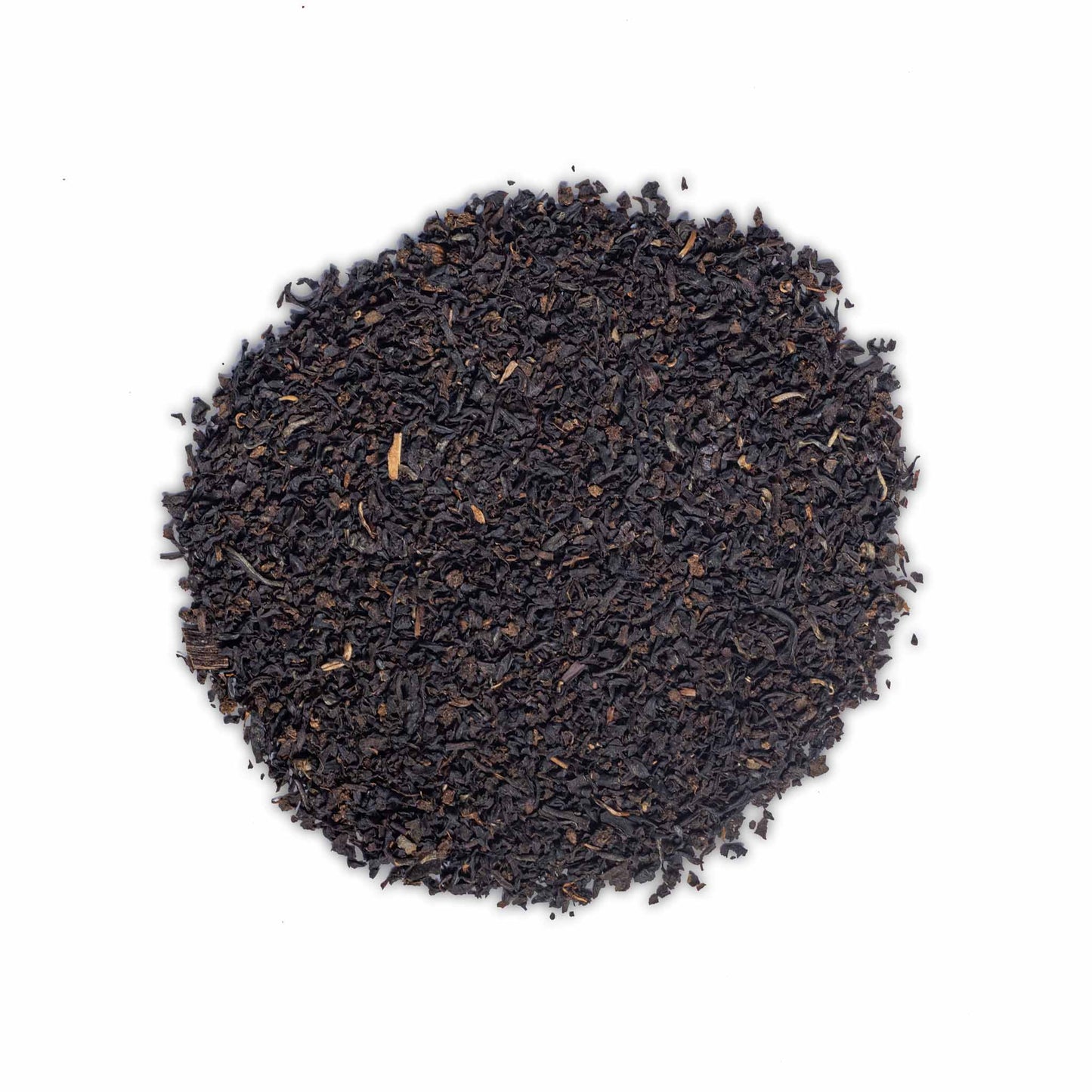 Loose leaf Sunday Tea by High Tea with Harriet featuring finely cut black tea leaves on white background
