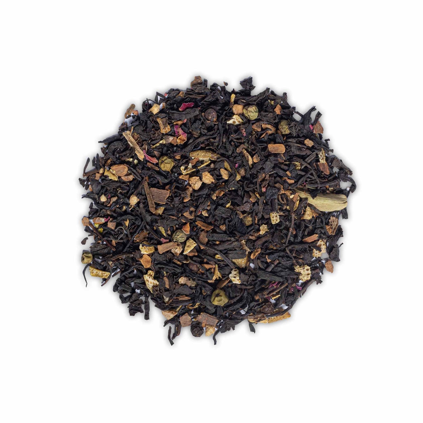 Loose leaf Utterly Charming Chai by High Tea with Harriet with visible spices, rose petals, and tea leaves on white background