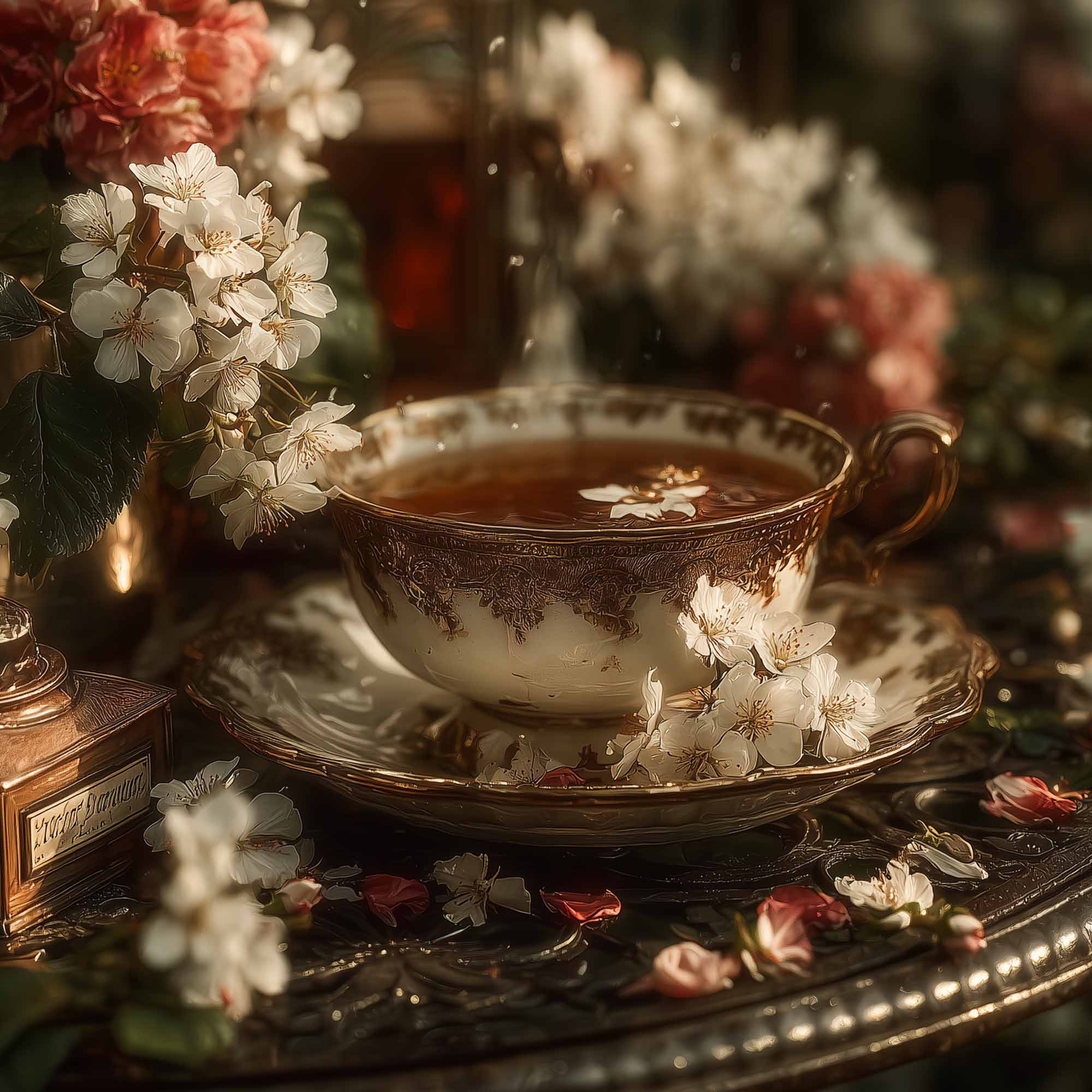 Elegant floral teacup of spring tea with cherry blossoms, petals, and vintage gold detailing on a lace table.
