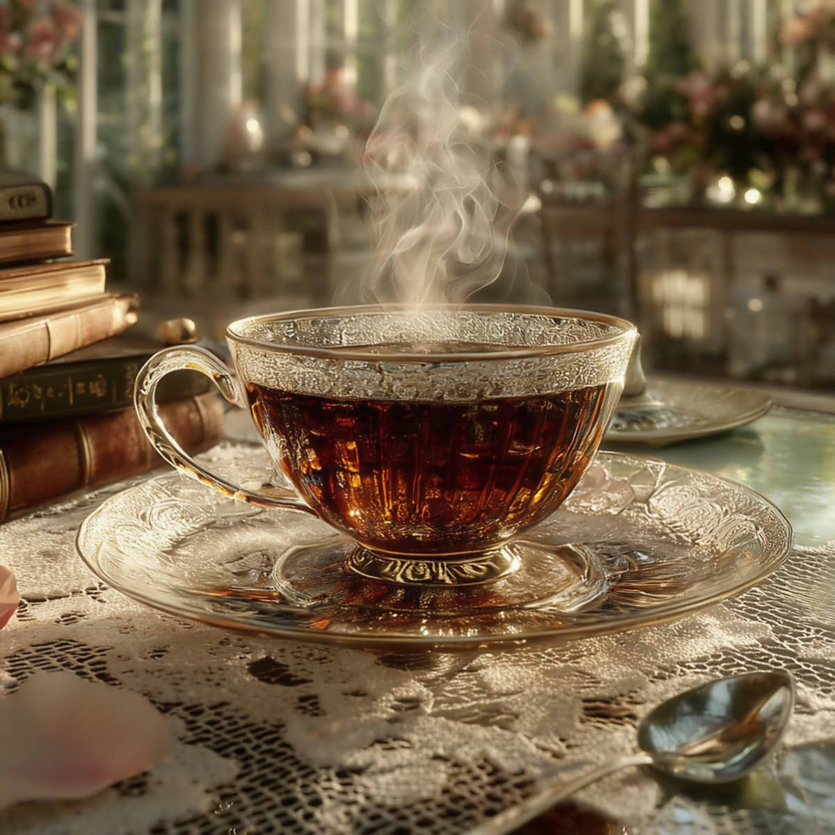 A delicate glass teacup filled with rich black tea, steam curling upward, resting on a lace-covered Edwardian table beside vintage books and a silver spoon, in a sunlit conservatory adorned with roses.