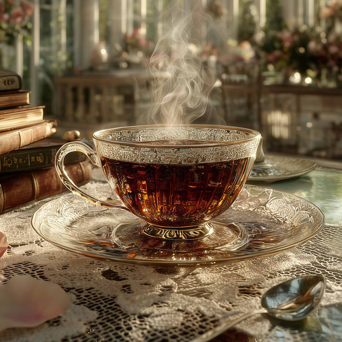 A delicate glass teacup filled with rich black tea, steam curling upward, resting on a lace-covered Edwardian table beside vintage books and a silver spoon, in a sunlit conservatory adorned with roses.