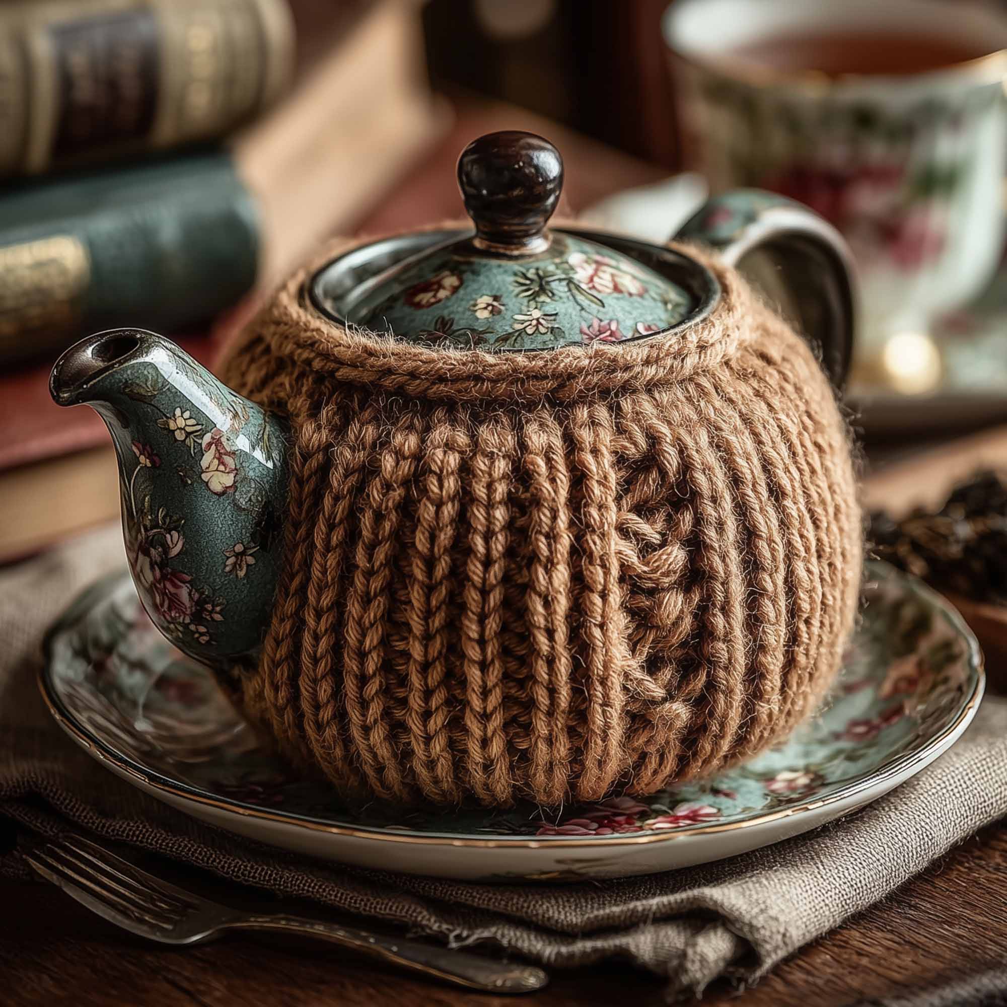 Handmade knitted tea cosy on a floral teapot, keeping tea warm with rustic charm and vintage elegance.