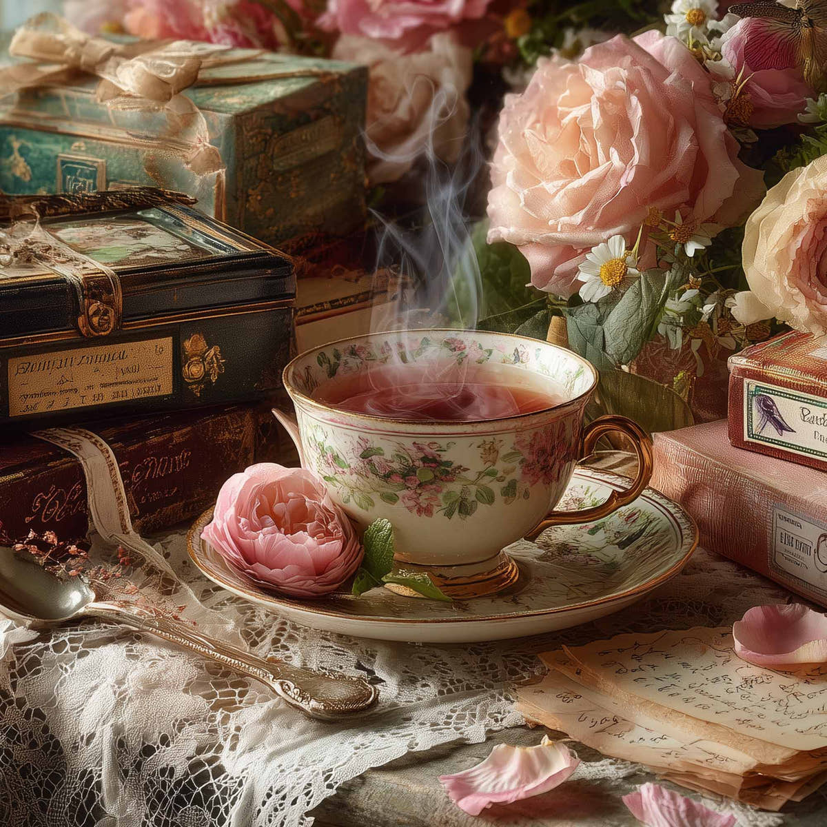 “Elegant tea gift display with a floral porcelain teacup of steaming tea, vintage ribbon-wrapped boxes, roses, and lace, capturing romantic Edwardian style.”