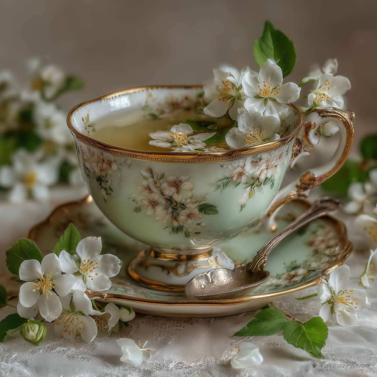 Elegant vintage teacup filled with green tea, adorned with white jasmine blossoms and a silver spoon on a matching saucer, styled in a romantic Edwardian setting.