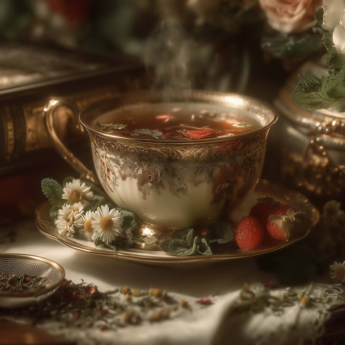 Steaming herbal fruit infusion in ornate teacup with chamomile flowers, strawberries, and gold detailing.