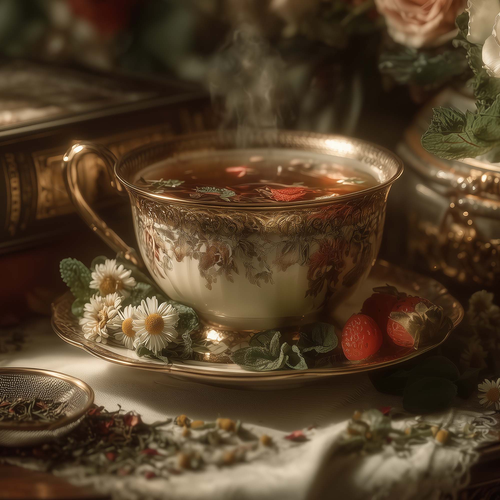 Steaming herbal fruit infusion in ornate teacup with chamomile flowers, strawberries, and gold detailing.