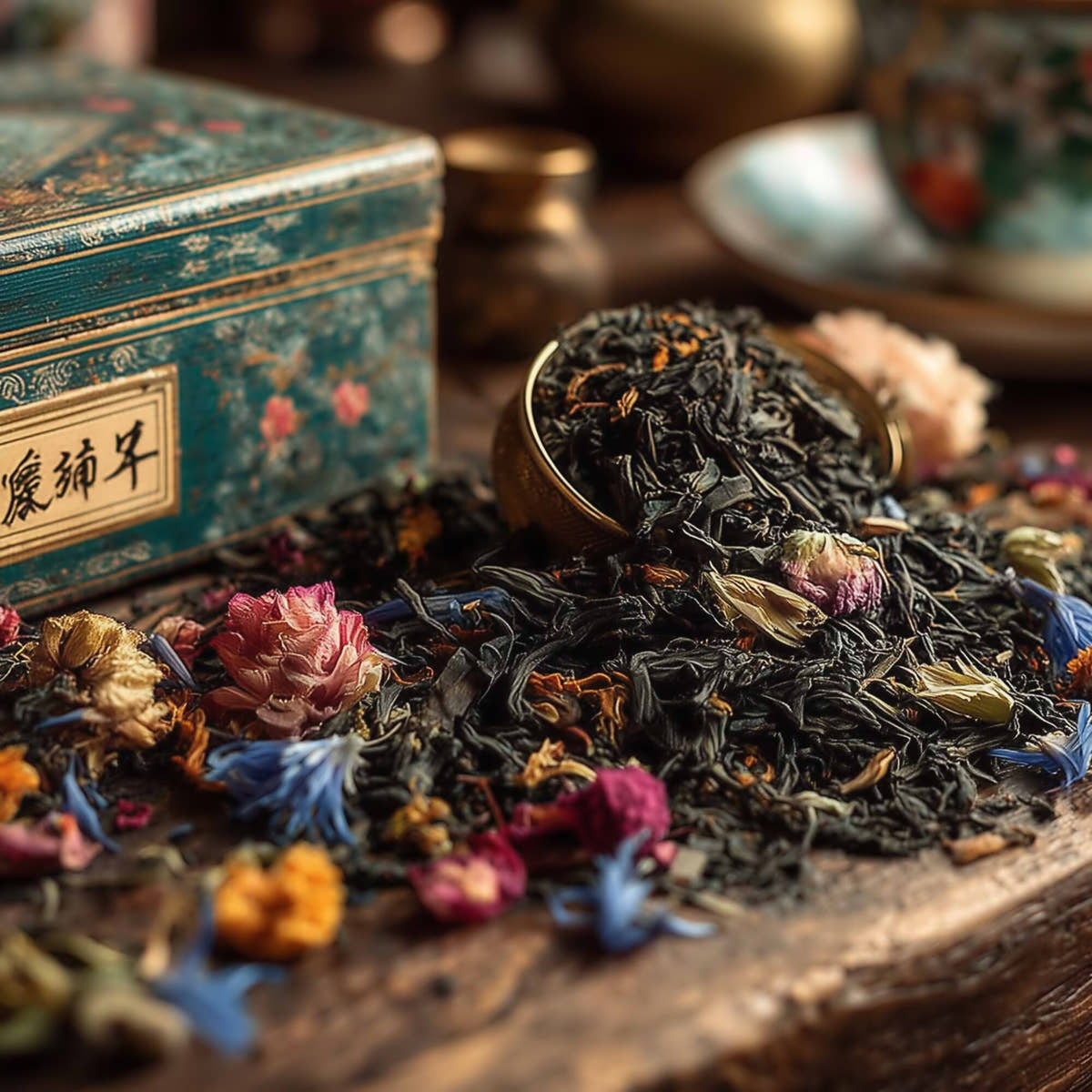 Luxury loose leaf tea with vibrant dried flowers spilling from a tin onto rustic wood, premium artisan blend.