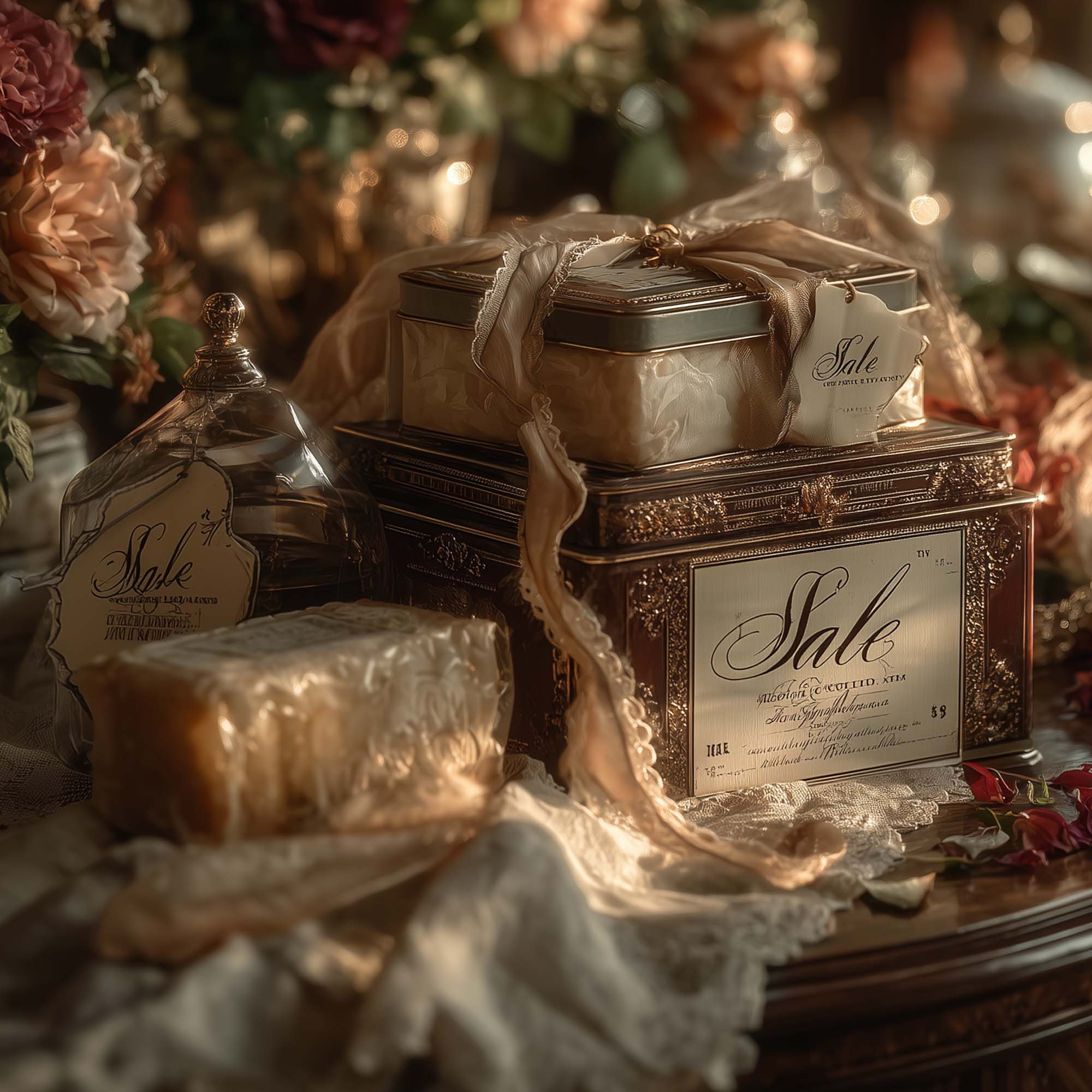Luxury tea tins and vintage packaging with elegant sale display, surrounded by lace, flowers, and soft golden light.