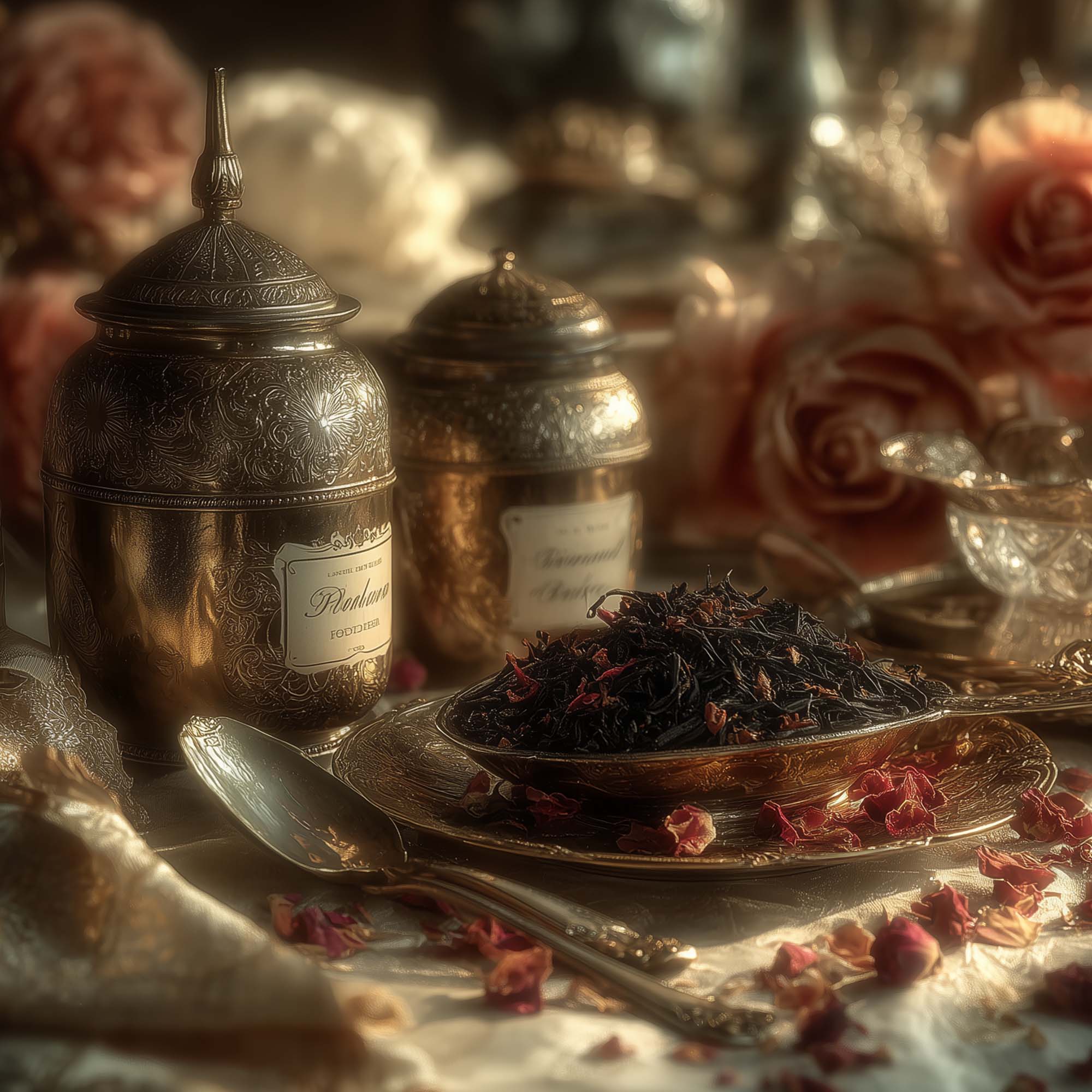 Luxury loose leaf black tea with rose petals on ornate gold plate, beside vintage tea canisters and accessories.