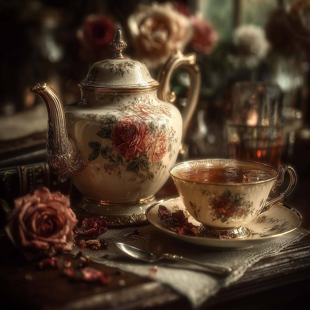 Elegant floral teapot with matching teacup filled with tea, surrounded by roses and vintage table décor.