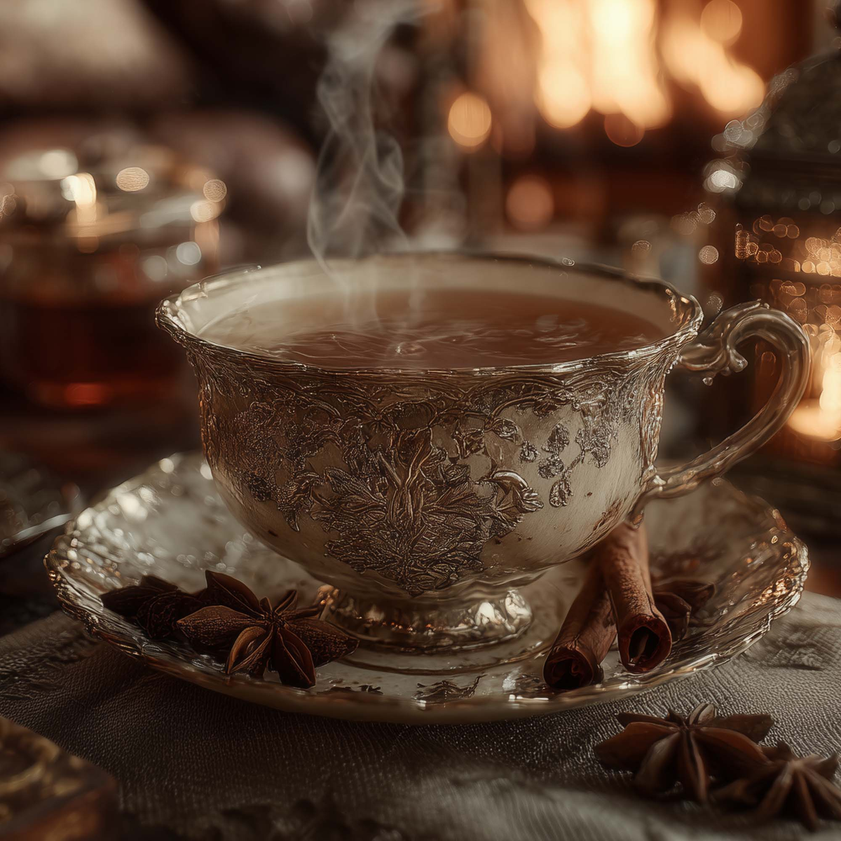 Steaming winter tea in ornate silver teacup with cinnamon sticks and star anise, glowing by the fireside.