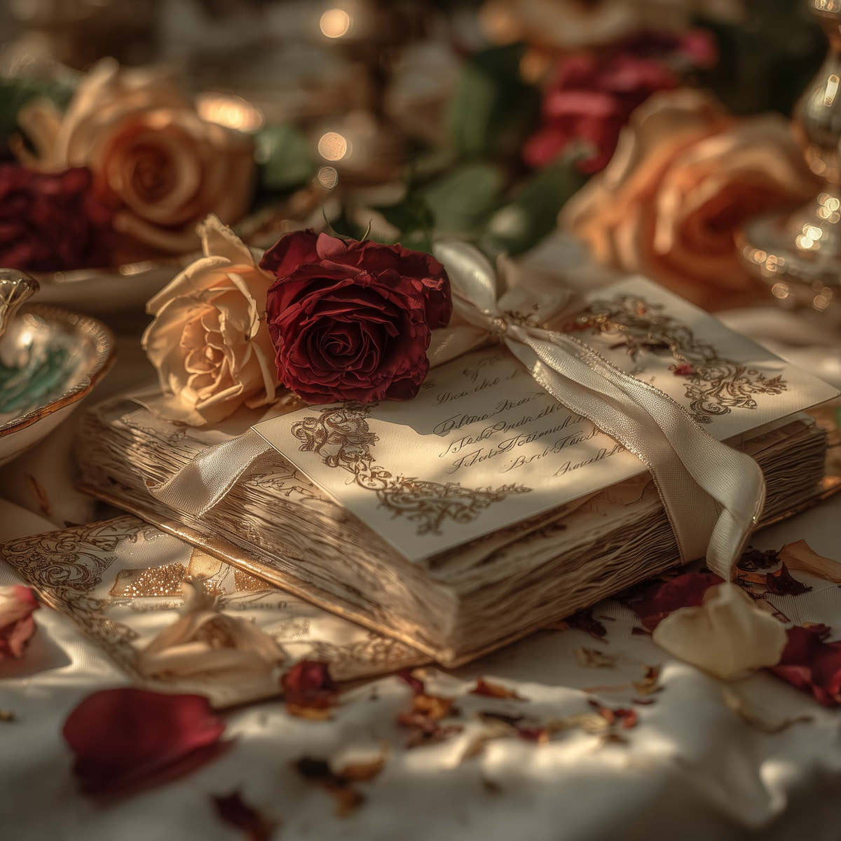 Elegant gift card tied with ribbon and roses, surrounded by vintage lace and petals in a romantic tea setting.