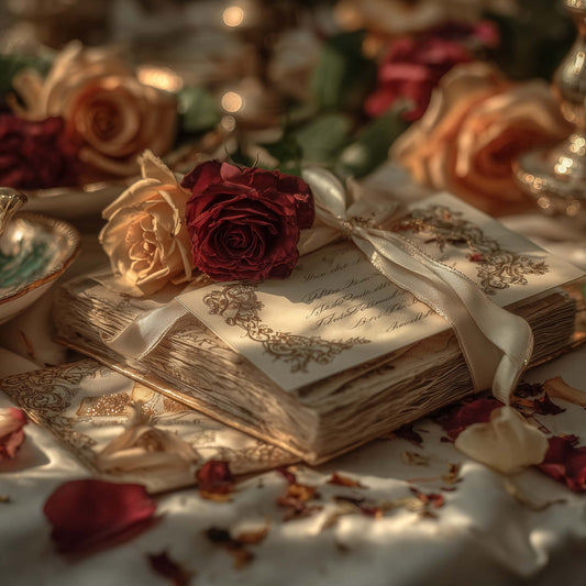 Elegant gift card tied with ribbon and roses, surrounded by vintage lace and petals in a romantic tea setting.