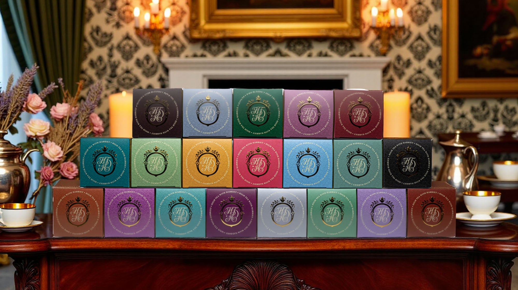High Tea with Harriet packaging in vibrant signature colours, artfully arranged across a fancy bench to highlight the full tea range.