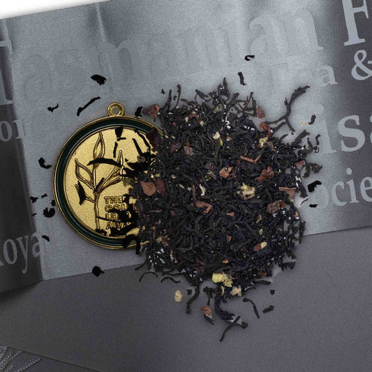 Birthday Tea by High Tea with Harriet — gold medal winner at the 2020 Australian Golden Leaf Awards and silver medal winner at the 2022 Royal Tasmanian Fine Food Awards, displayed with medals and loose tea
