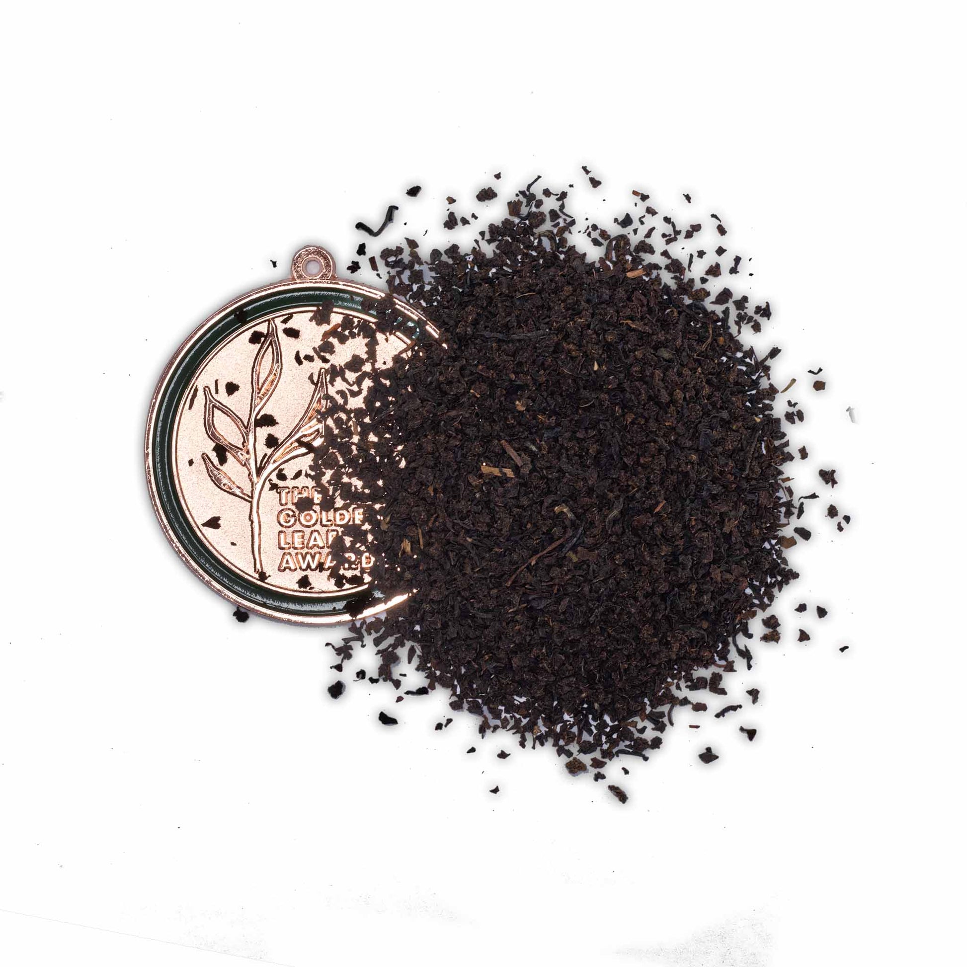 Award-winning Elevenses Irish Breakfast tea by High Tea with Harriet with Golden Leaf Awards bronze medal on textured fabric backdrop