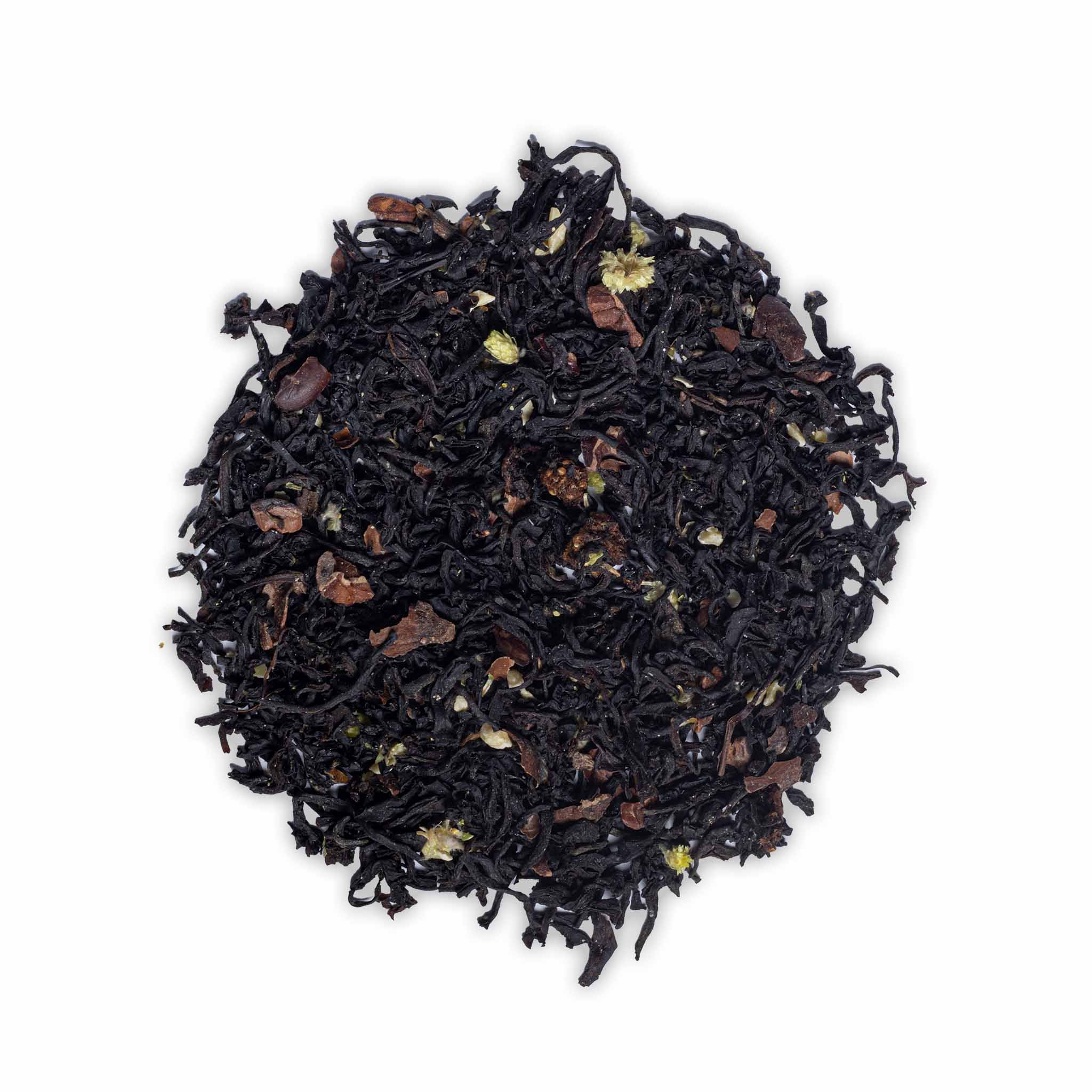 Loose leaf Birthday Tea by High Tea with Harriet featuring black tea, cacao pieces, and dried strawberry on white background