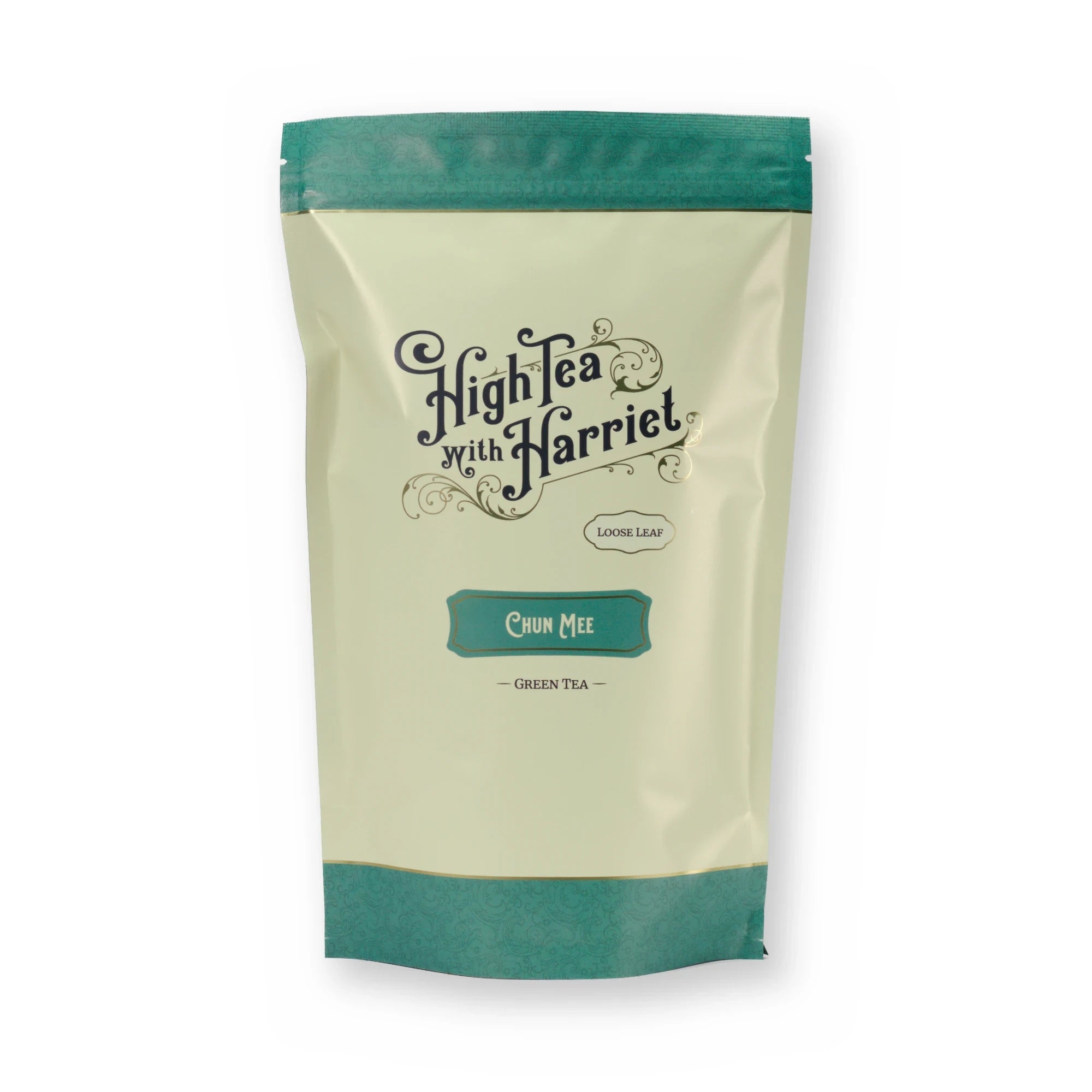 Chun Mee fruity & grassy green tea, pouch, front