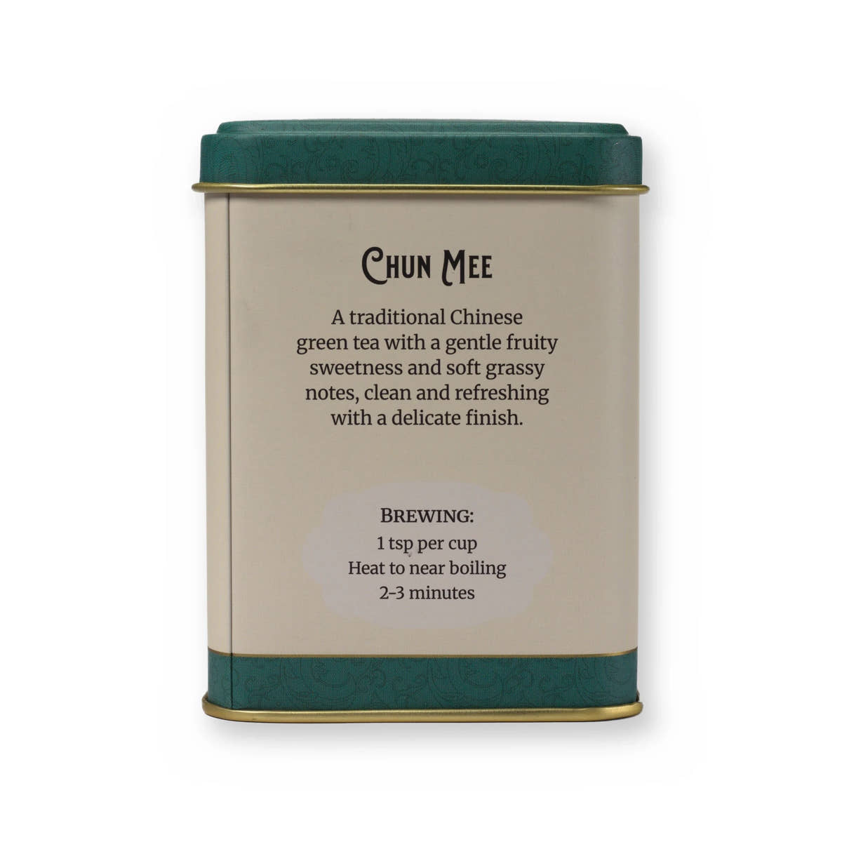 Chun Mee fruity & grassy green tea, small tin, back