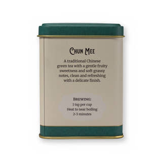 Chun Mee fruity & grassy green tea, small tin, back