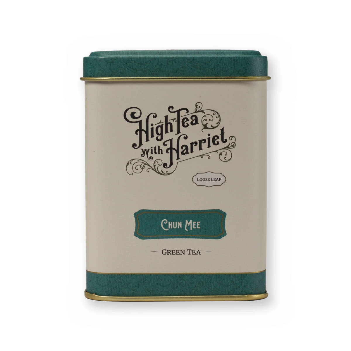 Chun Mee fruity & grassy green tea, small tin, front