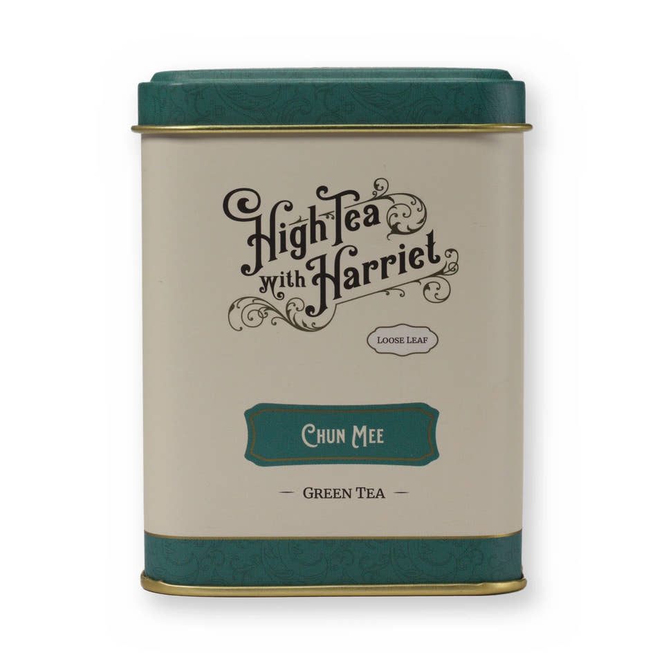 Chun Mee fruity & grassy green tea, small tin, front