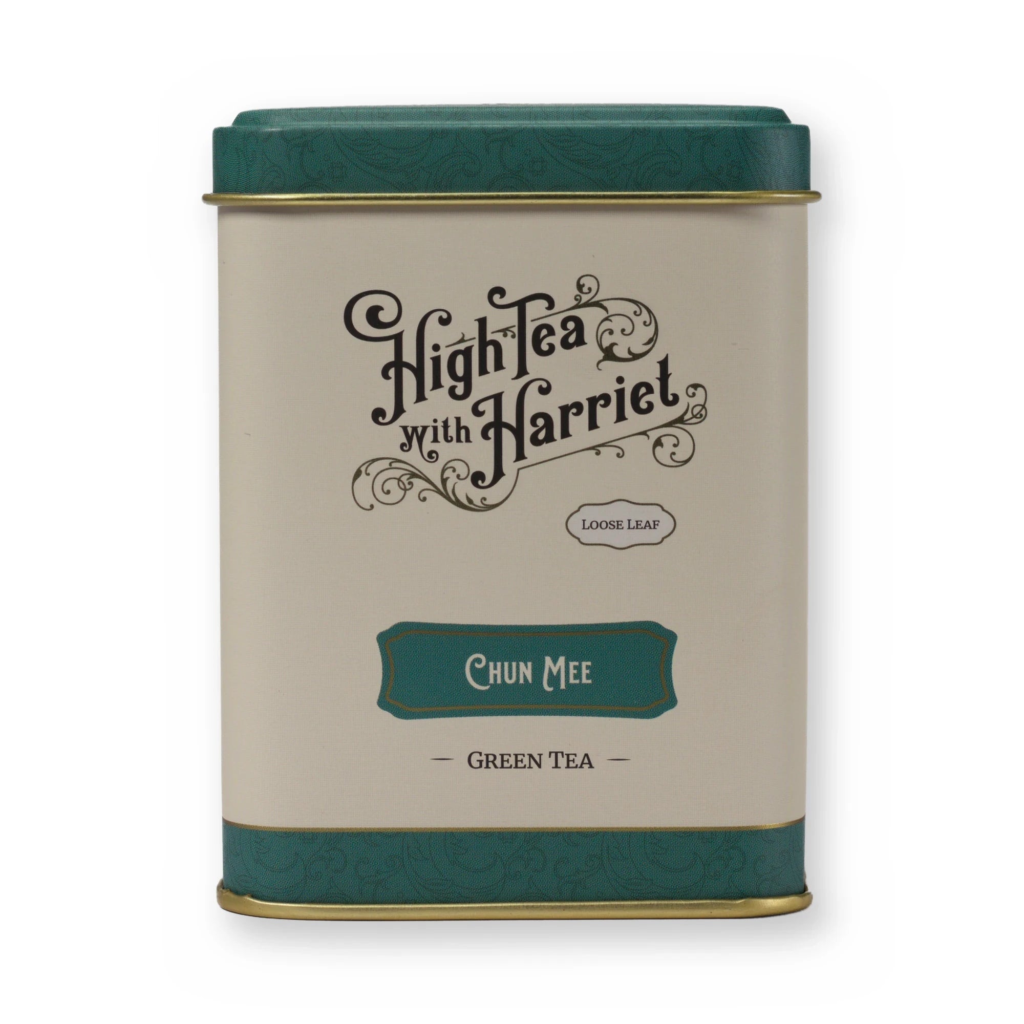 Chun Mee fruity & grassy green tea, small tin, front