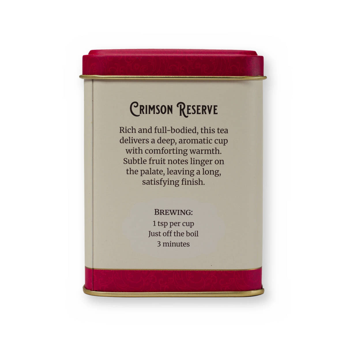 Crimson Reserve smooth & strong black tea, small tin, back